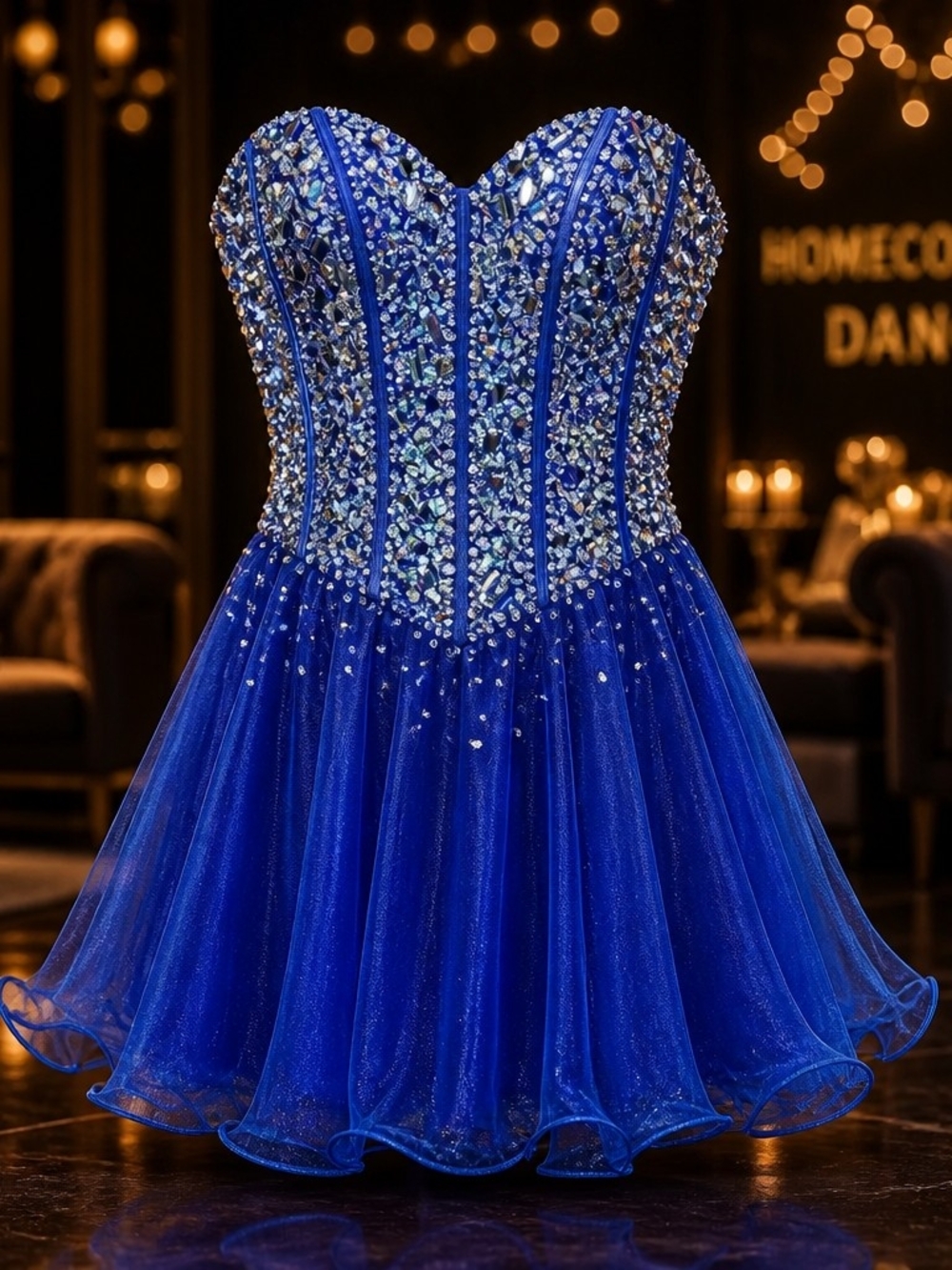 Fairycore Royal Blue Rhinestone Corset Tulle Homecoming Dress Short Mini Size S